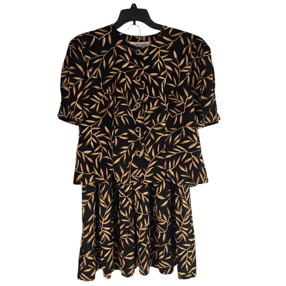 Vintage Jessica Howard 826886 Womens 16‎ Black Leaf Pattern 2 Piece Skirt Set